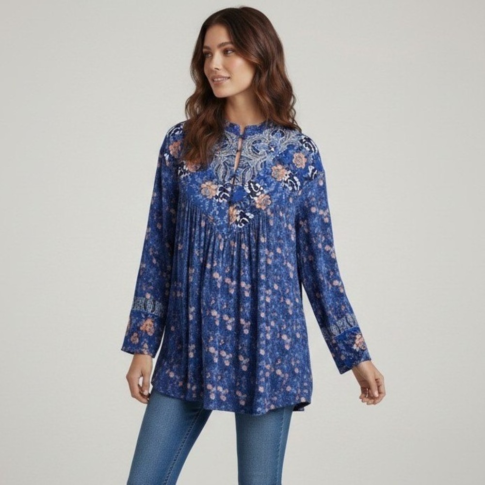 Free People Blue Floral Paisley Mixed Print Tunic Top Womens Size Small